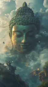 Colossal sky Buddha drifts through clouds in quiet golden calm