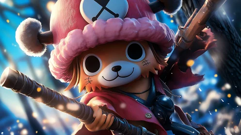Cute winter warrior character in vivid forest battle scene.