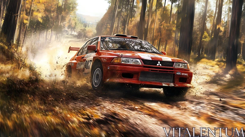 Rally car powerslide cuts through sunlit forest dirt track.