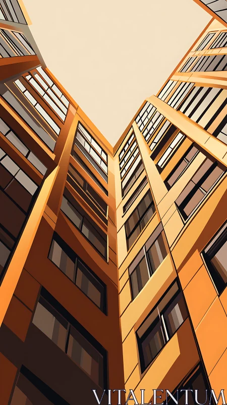 Geometric orange high-rise courtyard with upward view.