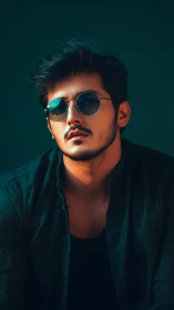 Stylized portrait of young man in teal lighting wearing shades.
