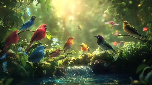 Colorful Songbirds Gather at a Mystical Forest Stream, Digital Art.