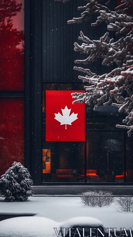 Snowlit maple banner guarding a modern crimson lounge window.