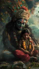 Sacred guardian sits in serene silence with a meditating child