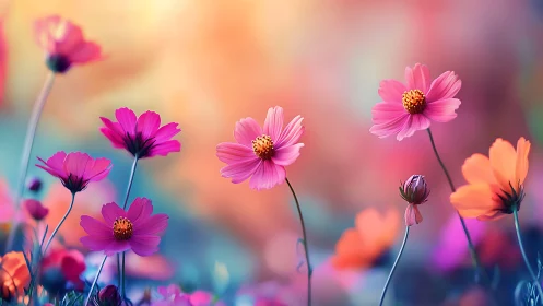 Cosmos Flowers in Soft Focus Depth. Pink and Orange Petals.