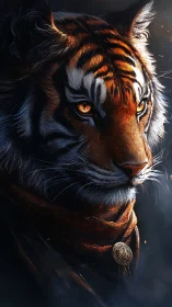 Digital painting portrait of a regal, cloaked tiger guardian.