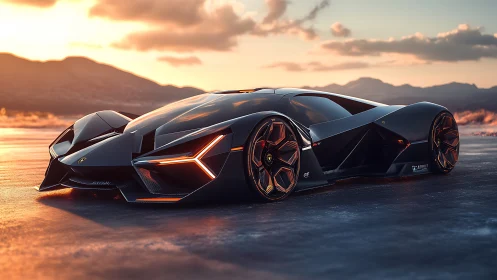 Hyperreal concept supercar rendered at sunset in dynamic low angle
