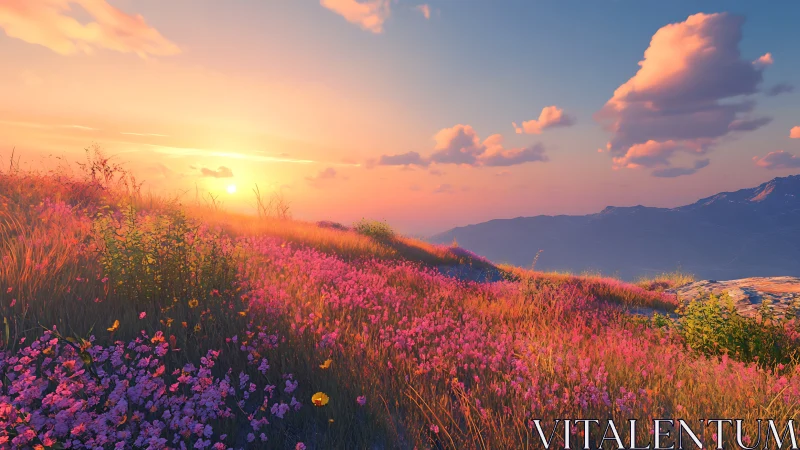 Sunlit hillside meadow with wildflowers and distant ranges.