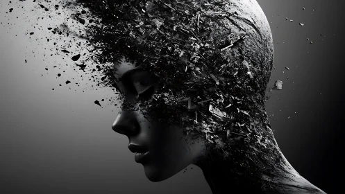 Fragmented digital bust dissolves into dark shattering void.