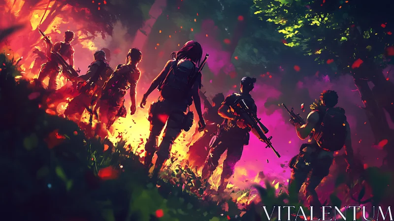 Armed squad advances through neon jungle firestorm at dusk