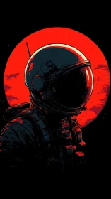 Solitary astronaut silhouette before a blood-red lunar disc.