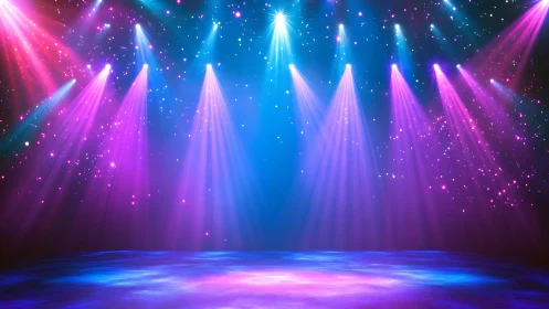Vibrant stage lights cast neon beams across empty floor.