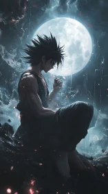 Solitary anime warrior seated before luminous full moon.