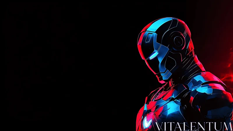 Neon armored hero profile under deep black negative space