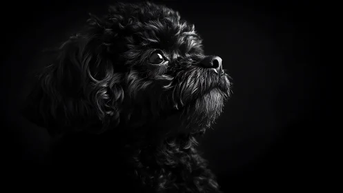 Black poodle profile in dramatic low key lighting portrait.