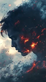 Human side profile dissolving into smoke and fire elements.