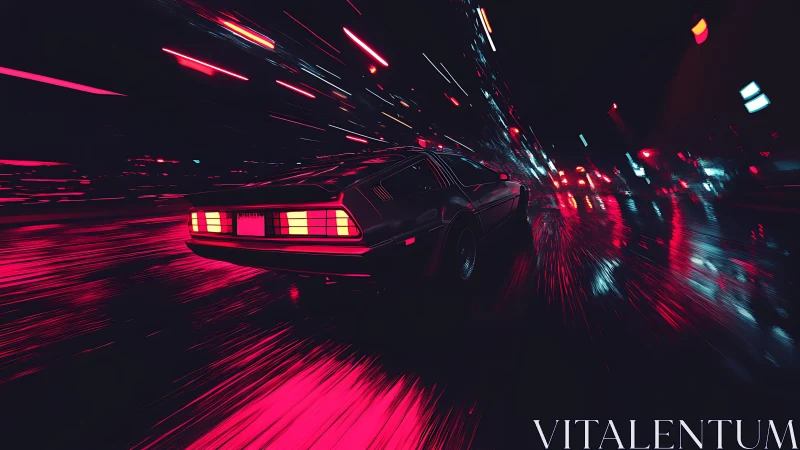 Retro-futuristic coupe under neon motion-blur vector field.