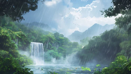 Rain-kissed jungle waterfall cradled in misty mountains.