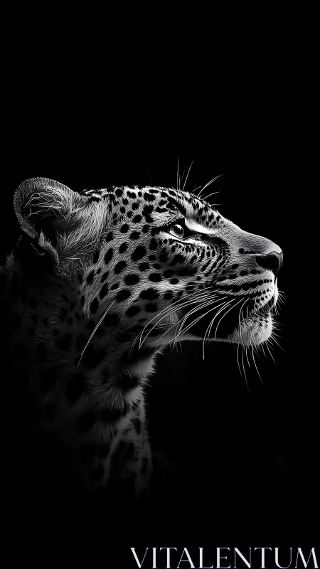 Profile view isolates leopard head against deep black background