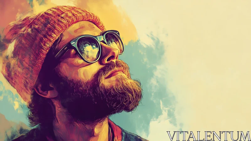 Stylized bearded man in reflective glasses rendered as digital portrait