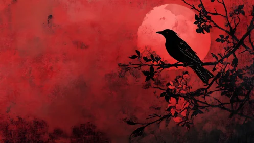 Silhouette crow on dark blossoms under blood red moon.