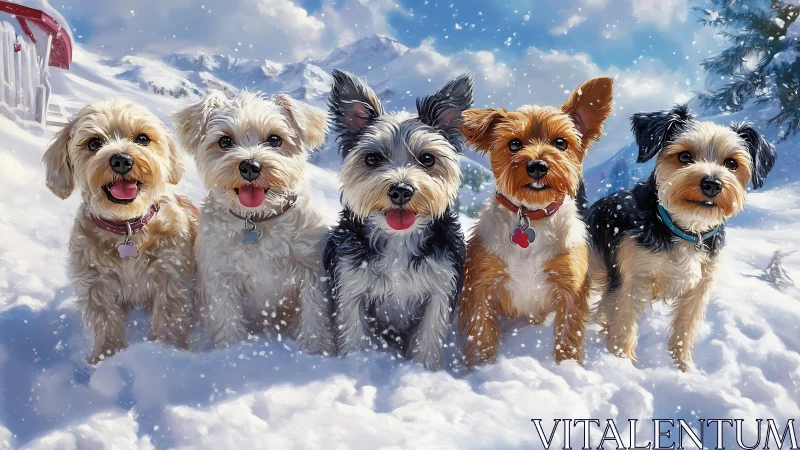 Five small dogs aligned in snowy alpine landscape under bright light