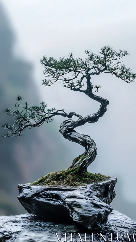 Twisted bonsai tree stands on wet rock above mist