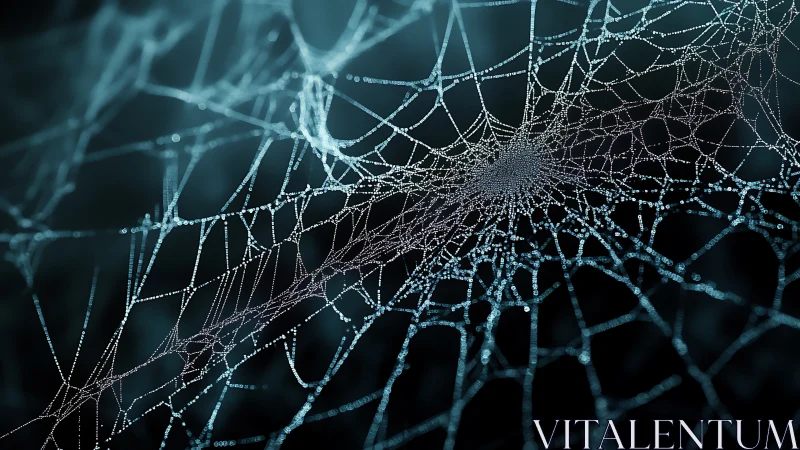 Spiderweb covered in dew drops under cool backlighting.