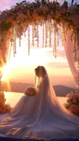 Sunlit bride beneath floral arch at golden hour ceremony.
