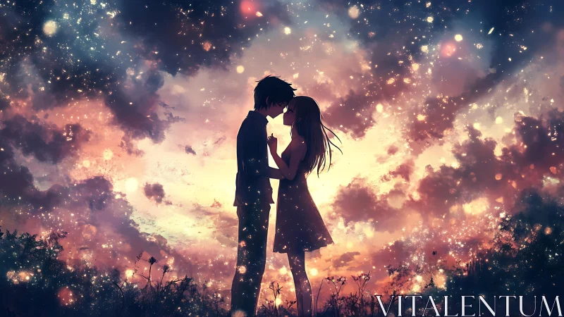 Silhouetted couple framed by nebula-like bokeh sky gradient