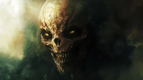 Sinister skeletal demon head emerging from dark smoke.