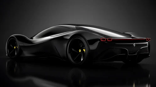 Sculpted black supercar glides through a glossy studio scene.
