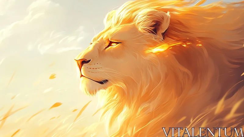 Side-profile flaming mane lion in golden backlit field