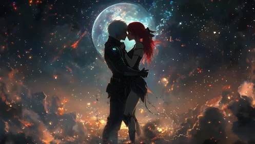 Celestial Lovers Beneath Luminescent Moon in Cosmic Tempest.