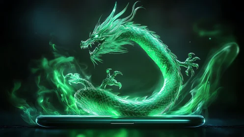 Glowing green dragon emerging from a modern smartphone.