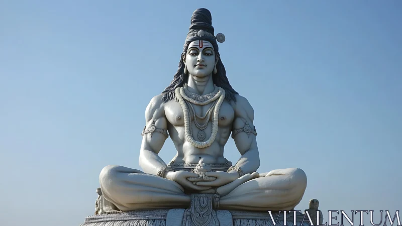 Serene Shiva statue in deep meditation beneath open sky.