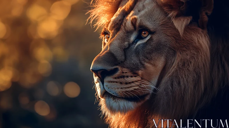 Majestic male lion in golden-hour profile with bokeh rim light