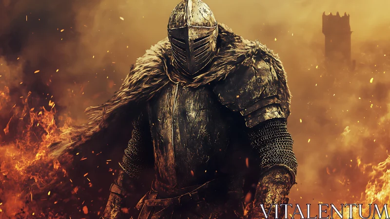 Armored knight emerging through flames in cinematic haze.