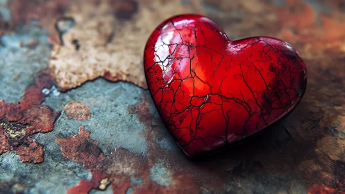 A Radiant Red Heart Resting on Weathered Ground.