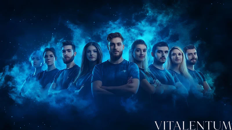 Group portrait of nine people in blue, digitally composed