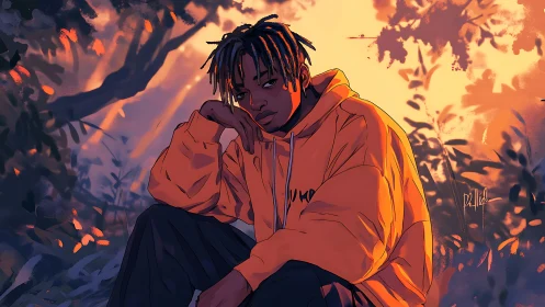 Melancholic youth in orange hoodie under warm sunset foliage