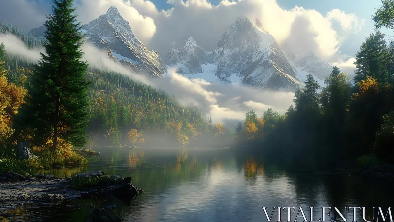 Snow-capped alpine peaks rise above misted lake reflections