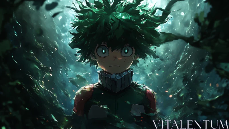 Emerald energy rises around a wide-eyed young hero.