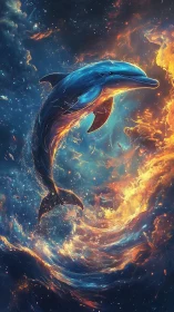 Celestial dolphin arcs through luminous cosmic nebula seascape.