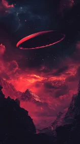 Crimson starship glides above ember-lit alien mountain sea