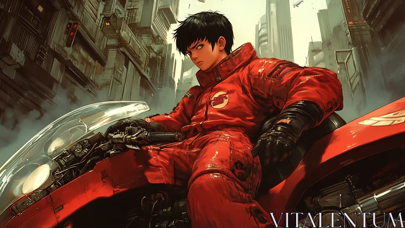 Neon rider broods on crimson bike in towering megacity fog.