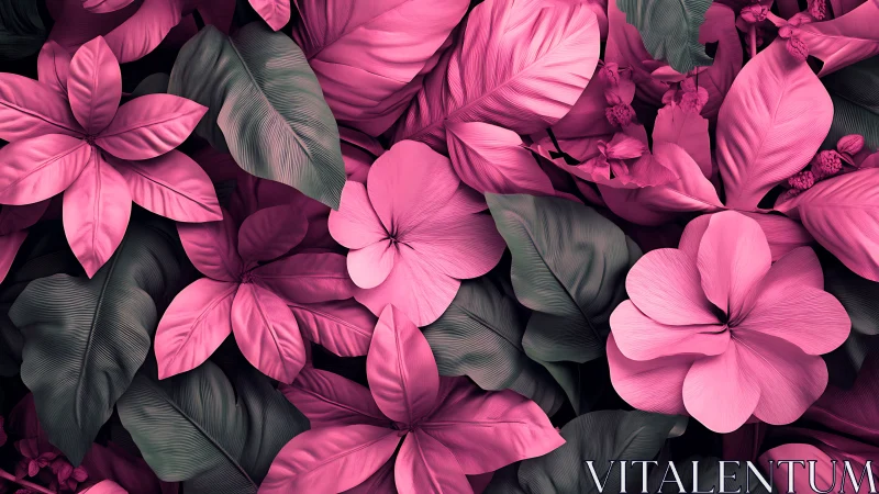 Pink Flowers with Dark Foliage Against Black Background.