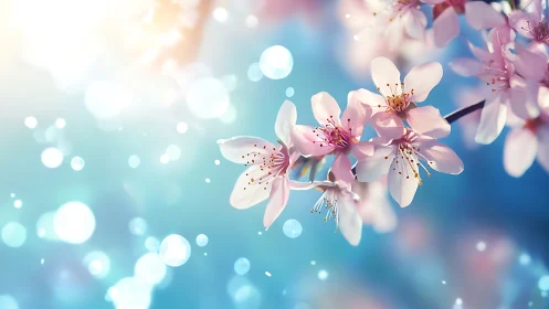 Delicate pink cherry blossoms rendered with soft bokeh lighting effects and luminous background