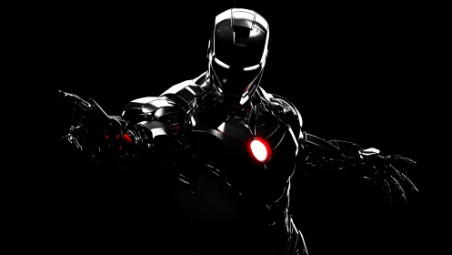 Sleek black armored hero glowing in dramatic darkness.