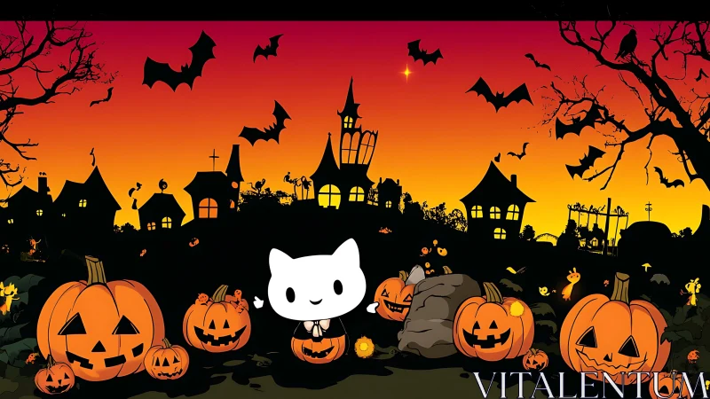 Halloween scene with pumpkins, haunted structures, and cat silhouette.